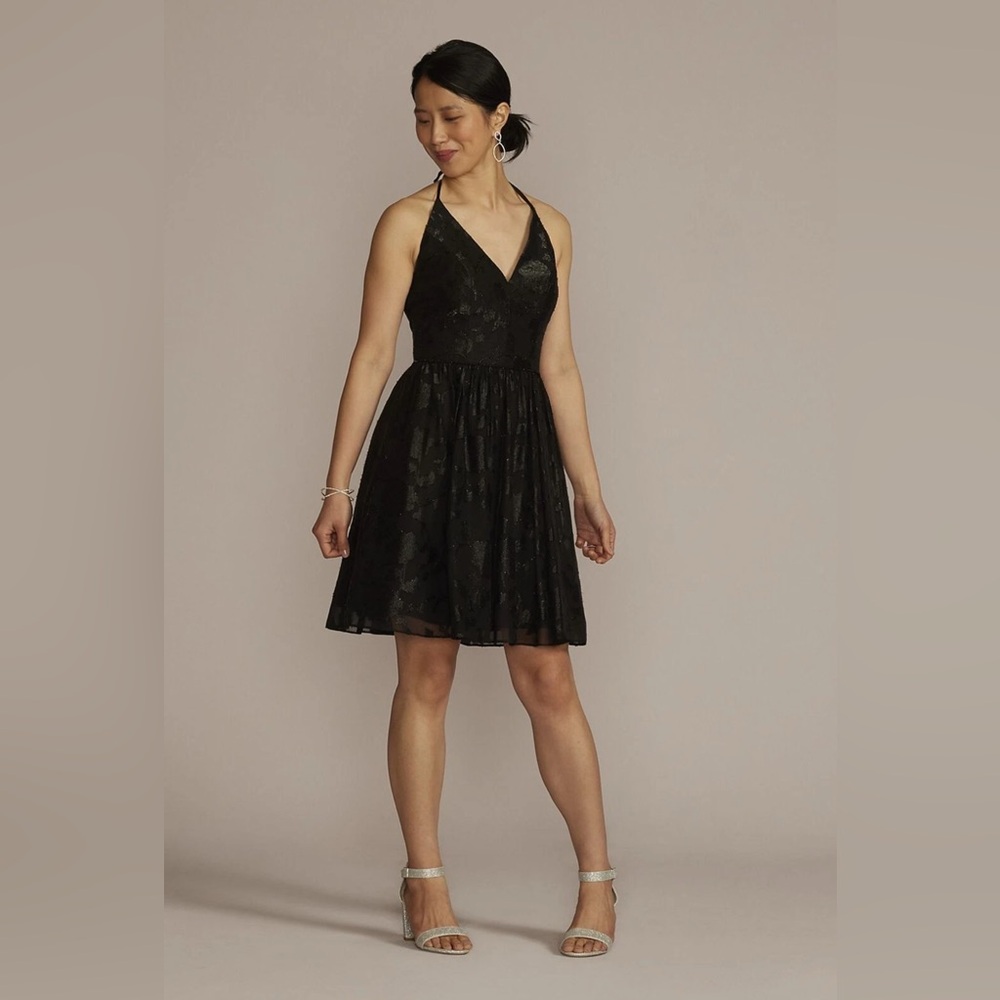 DB STUDIO Women's Spaghetti Strap Black Jacquard Halter Neck A-Line Dress size 8